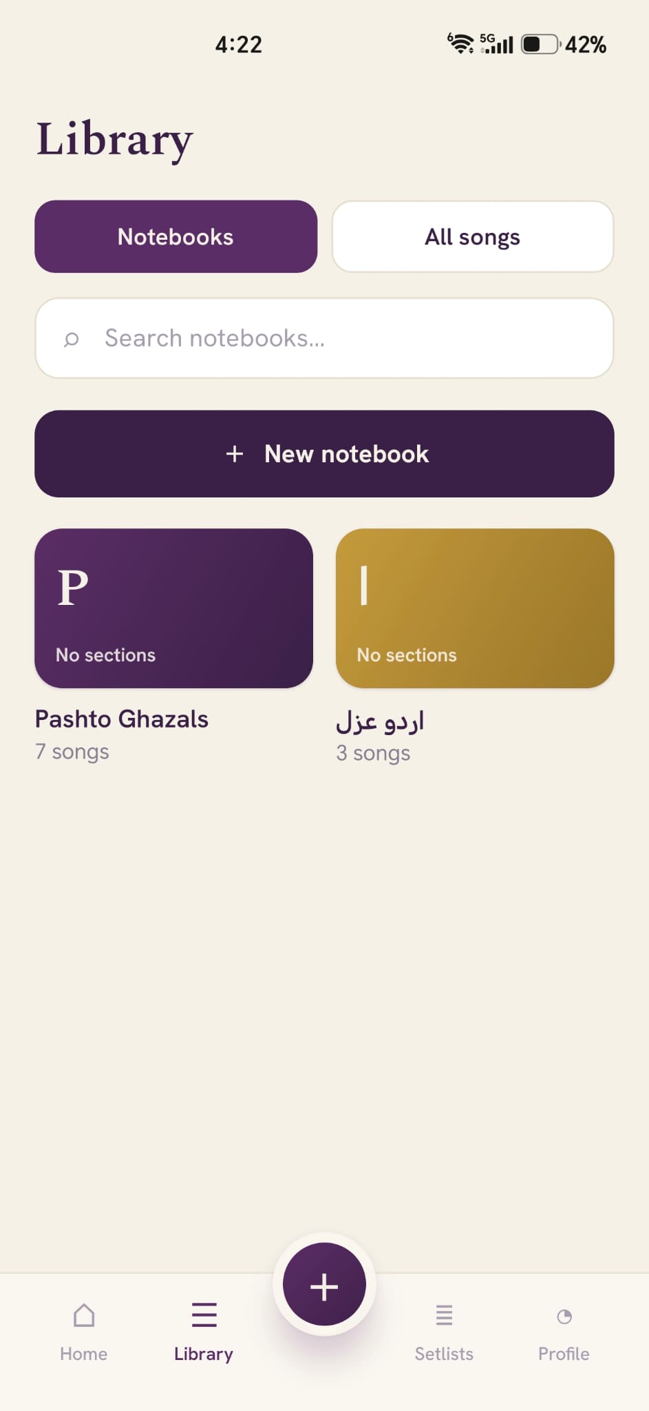 Library view with Notebooks and All songs tabs, showing 'Pashto Ghazals' and 'اردو غزل' notebook cards.